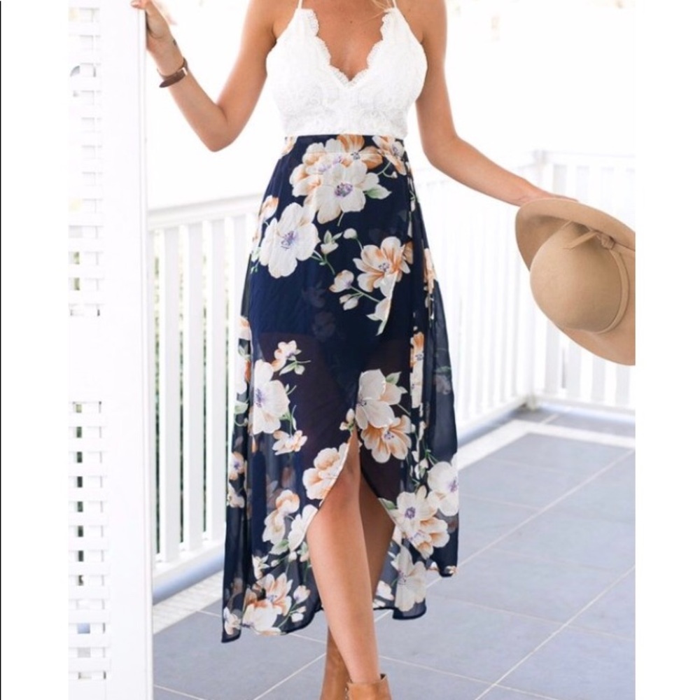Lace top floral maxi dress